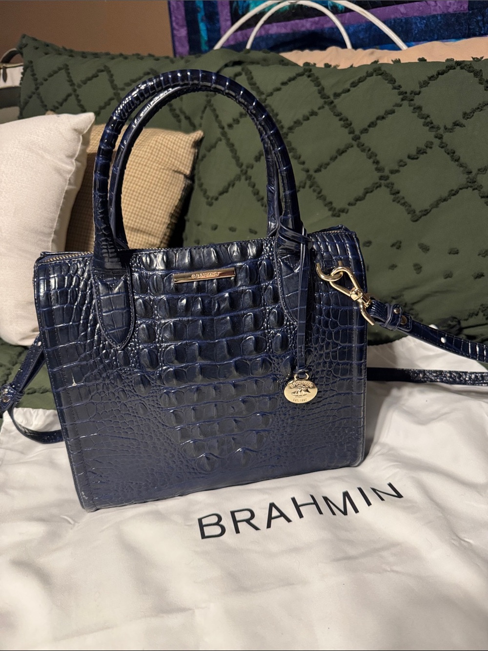 Brahmin Deep Navy Croc-Embossed Leather Satchel